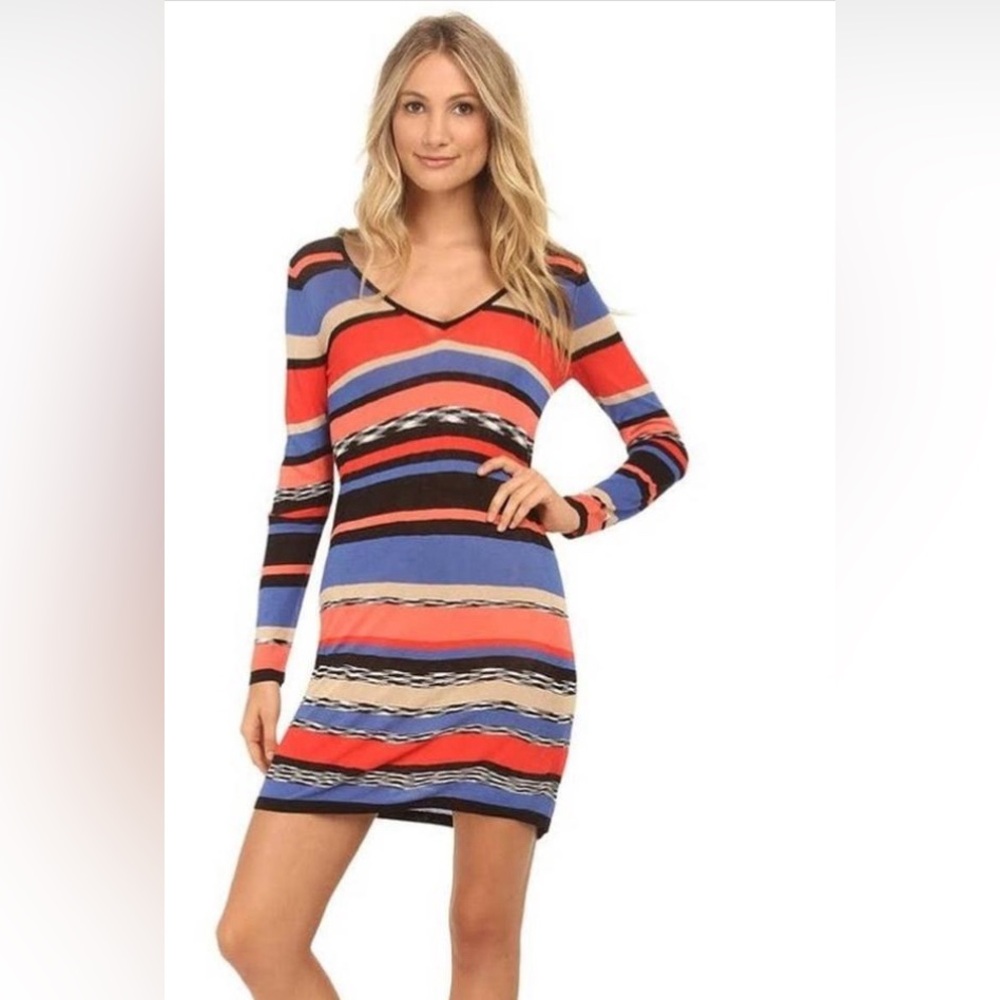 Trina Turk Womens Striped V-Neck Long Sleeve Dress Multi Colored